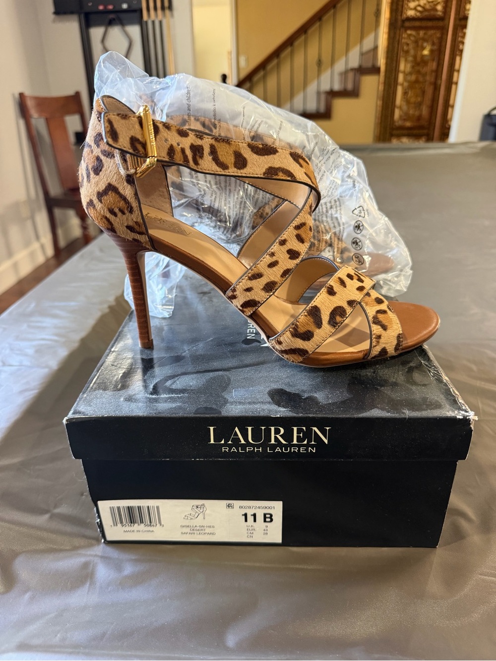 Ralph Lauren Leopard Print Strappy Stiletto Sandal - Brown/Tan